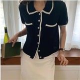 Purpdrank  Summer Single Breasted Hollow Out Women's Shirts Pockets Polo Collar Korean Short Sleeve Knitted Tops Female