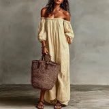 Purpdrank  Bohemian Off Shoulder Puff Sleeve Long Dresses Woman Spring Striped Print Loose Maxi Dress Summer Hollow Pocket Beach Dress