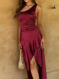 Purpdrank  Women's Elegant Burgundy Satin One Shoulder Bodycon Maxi Dress Ruched High Slit Formal Party Dress