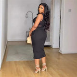 Purpdrank  Sexy Black See Through Mesh Patchwork Bodycon Midi Dress for Women Elegant Sleeveless O-neck Ruched Split Night Club Party Dress