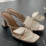 Purpdrank  Designer Butterfly-knot Women Slippers Elegant Thick High Heel Shoes Ladies Outdoor Dress Street Style Slides
