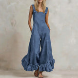Purpdrank  New Summer Ruffle Hem Wide Leg Jumpsuit Women Button Square Neck Casual Loose Romper Retro Sleeveless High Waist Pocket Playsuit