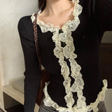 Purpdrank  Women's Ruffled Sweater Long Sleeve Slim Fit Rib Knit Top Pullover Jumper Ladies Fairycore Coquette Y2K Gyaru Shoujo Girl Outfit