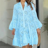 Purpdrank  Summer Elegant Lace Dress Casual Women V-neck Loose Hollow Buttons White Dress Women Vintage Beach Sexy Mini Dresses 27725