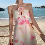 Purpdrank  High-end Three-dimensional Flower Niche Halter Dress Bride Wedding Morning Robe Elegant Temperament Backless Light Gown