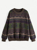 Purpdrank  Autumn and Winter New Retro Round Neck Simple School Geometric Pattern Knitted Sweater Off Shoulder