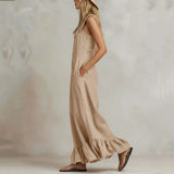 Purpdrank  New Summer Ruffle Hem Wide Leg Jumpsuit Women Button Square Neck Casual Loose Romper Retro Sleeveless High Waist Pocket Playsuit