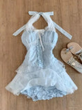 Purpdrank  French Sweet Elegant 2 Piece Set Y2k Women Polka Dot Bow Halter Tops + Mini Skirt Female Sexy Cute Lace Party Outfits New Summer