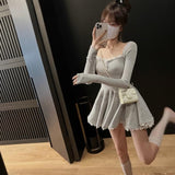 Purpdrank - High Waist Mini Dress Women Long Sleeve Fall Sexy Girls Casual Simple Ball Gown Ins Fashion All-match Vestidos Mujer Sweet Young