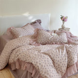 Purpdrank  Vintage French Floral Lace Ruffles Bedding Set 100% Cotton Double Layer Yarn Duvet Cover Flat/Fitted Bed Sheet Pillowcases 4Pcs