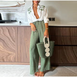 Purpdrank  Casual Print Pants Sets Women Loose Lapel Single Breasted Long Sleeve Shirts Solid Wide Leg Pant 2025 Summer Lady Elegant Outfit