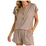 Purpdrank  Women Solid Color Two Piece Set V Neck Half Button Short Sleeve Top And High Waist Shorts With Pockets Soft Casual Office Suits