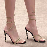 Purpdrank  Glitter Crystal Decor High Thin Heels Sandals Women Shiny Snake Shaped Elastic Strap Design Sandalias Summer Party Dress Shoes