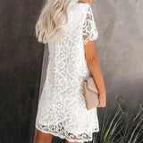 Purpdrank  Women Sexy Lace Hollow Out White Dresses Summer Casual O-Neck Short Sleeve Solid Streetwear Party Midi Dress Vestidos Mujer