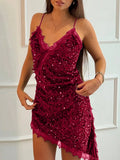 Purpdrank  Elegant Shiny Sequins Suspender Dress Sexy V-neck Sleeveless Irregular Party Dress Women's Fashion Backless Draped Mini Dresses