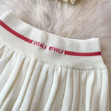 Purpdrank  Korean Sle Student Stripe Knitted T-irt Top High Waist A-Line Skirt Set round Ne ort Sve Casual Faion Ensemble