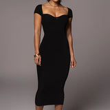 Purpdrank  Sexy Women Solid Square Collar Bodycon Dress Summer Short Sleeve Long Ribbed Dress Elegant Party Club Overalls