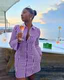 Purpdrank  Streetwear Casual Striped Print Shirt Dress for Women Long Sleeve Turn-down Collar Single Breasted Loose Mini Dress Clubwear