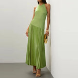 Purpdrank  Women Fashion Draped Solid Color Long Dress Sexy Backless Hollow Out Party Dress Elegant Halter Lace-up Sleeveless Gowns Dress