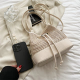 Purpdrank  Straw Woven Design Crossbody Bags For Women Summer Beach Drawstring Bucket Shoulder Bag Big Capacity Designer Handbag