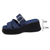 Purpdrank  Blue Denim Chunky Platform Slippers Women Fashion Buckle Wedge Heels Sandals Woman Summer Comfort Thick Bottom Outdoor Slippers
