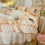 Purpdrank  100% Cotton Korean Princess Style Three-layer Ruffles Bow Bedding Set Duvet Cover Bed Skirt Bedspread Pillowcases Wedding Gifts