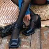Purpdrank  Square Toe Chunky Mary Jane Shoes Women Shallow Strap Retro Women Shoes Designer Pumps Woman Spring Fall New Black High Heels