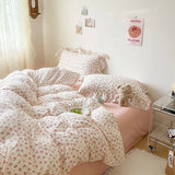 Purpdrank  Cute Floral Duvet Cover Set Ins Korean Style with Flat Sheet Pillowcase No filler Washed Cotton Queen Full Twin Home Bed Linen