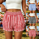 Purpdrank  Women Plaid Ruffle Bloomers Shorts Elastic High Waist Bavarian Oktoberfest Beer Festival Dirndl Bottom Casual Gingham Short Pant