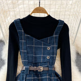 Purpdrank - High Quality Fall Winter Women Sweater Overalls Dress Sets Casual Knitted Tops +Plaid Woolen Dress 2 Piece Sets Outfits Female
