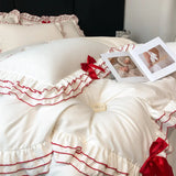 Purpdrank  Korean Style Lace Ruffles Princess Bedding Set, Duvet Cover, Bed Skirt, Fitted Sheet, Flat Sheet, Pillowcases, Black Bow, White