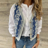 Purpdrank  Vintage Flower Embroidered Vest Coats Women's Sexy V-neck Loose Holiday Cardigan Elegant Sleeveless Single breasted Denim Jacket