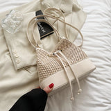 Purpdrank  Straw Woven Design Crossbody Bags For Women Summer Beach Drawstring Bucket Shoulder Bag Big Capacity Designer Handbag