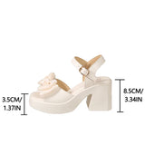 Purpdrank  Elegant Bow Knot Square Heel Sandals Woman Fashion Beige Back Strap Open Toe Sandal Female Pu Leather Thick Bottom Sandal Mujer