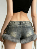 Purpdrank  Punk Rock Fuzzy Trim Denim Shorts American Retro Studded Low Waist Side Lace-up Hot Pants for Women Y2K Fashion Streetwear