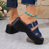 Purpdrank  Blue Denim Chunky Platform Slippers Women Fashion Buckle Wedge Heels Sandals Woman Summer Comfort Thick Bottom Outdoor Slippers
