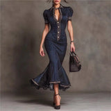 Purpdrank  Women's Striped Mermaid Maxi Dress Lapel Collar Short Sleeve Button Slim Fit High Waist Ruffle Elegant Office Party Long Dresses