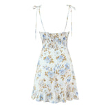 Purpdrank  Summer Holiday White Floral Print Bow Lacing Up Strap Sling Dress Women Elastic Back Ruffles Hem Short Dresses Vestidos Robe