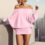 Purpdrank  Fashion Off Shoulder Sheer Mini Dress For Women Hot Sexy Long Sleeve Pleated Party Dresses Bodycon Solid Color Short Dress