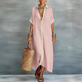 Purpdrank  Women's Spring Contrast Collar Shirt Dresses Casual Buttons Short Sleeve Loose Maxi Dress Summer Beach Vacation Long Dress Mujer