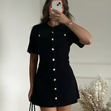 Purpdrank  White Elegant Knitted Mini Dress For Women Metal Button Sexy Slim Rib Sweater Dress Holiday Party Outfits Autumn New