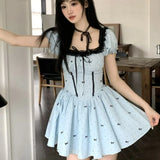 Purpdrank  Fashion Polka Dot Design Sense Splicing Lace Lace Square Collar Dress Women's of Thin Temperament Super Fairy A-shaped Skirt