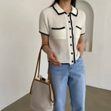Purpdrank  Summer Single Breasted Hollow Out Women's Shirts Pockets Polo Collar Korean Short Sleeve Knitted Tops Female