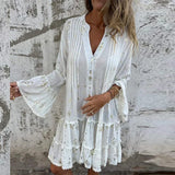 Purpdrank  Gold Bronzing Geometry Print Pleated Dresses Women Spring V Neck Button Hollow A-Line Dress Autumn Flare Sleeve Lace Party Dress