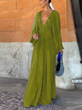 Purpdrank  Elegant Long Dress Women Loose Chiffon V Neck Long Sleeves High Waist Vestidos Female 2025 Spring Summer Solid Evening Dresses