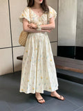 Purpdrank  Summer Bohemian Floral Printed Women's A-line Dress 2025 New V-neck Puff Sleeve Casual Loose Umbrella Long Dress Female