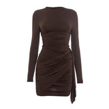 Purpdrank  Long Sleeve Ruched Mini Dress Women Fashion Brown O Neck Long Sleeve Slim Bodycon Dress for Daily Office Dating Outfits
