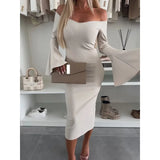 Purpdrank  S-XXL Women's Fashion One Word Collar Horn Sleeve Party Dress Ladies Casual Solid Color Comfortable Versatile Slim Fit  Dress