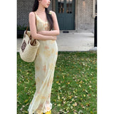 Purpdrank  French Style Summer Long V-Neck Floral Print Dress Women's Empire Waist Slim Fit Chiffon Dress Ankle Length Sleeveless