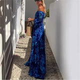Purpdrank  Vintage Pattern Print Long Dress Women Sexy Off Shoulder Long Sleeve Party Dress Fashion Waist Pleat Loose Hem Beach Dress